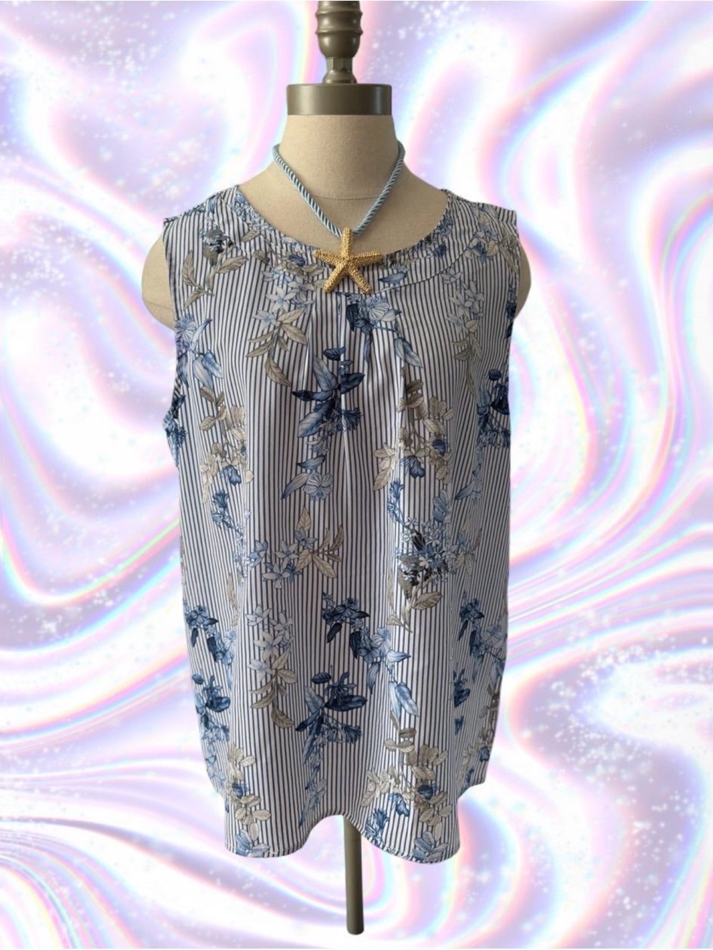 Christopher & Banks Blue and White Floral Stripe Sleeveless Top